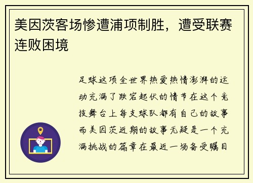 美因茨客场惨遭浦项制胜，遭受联赛连败困境